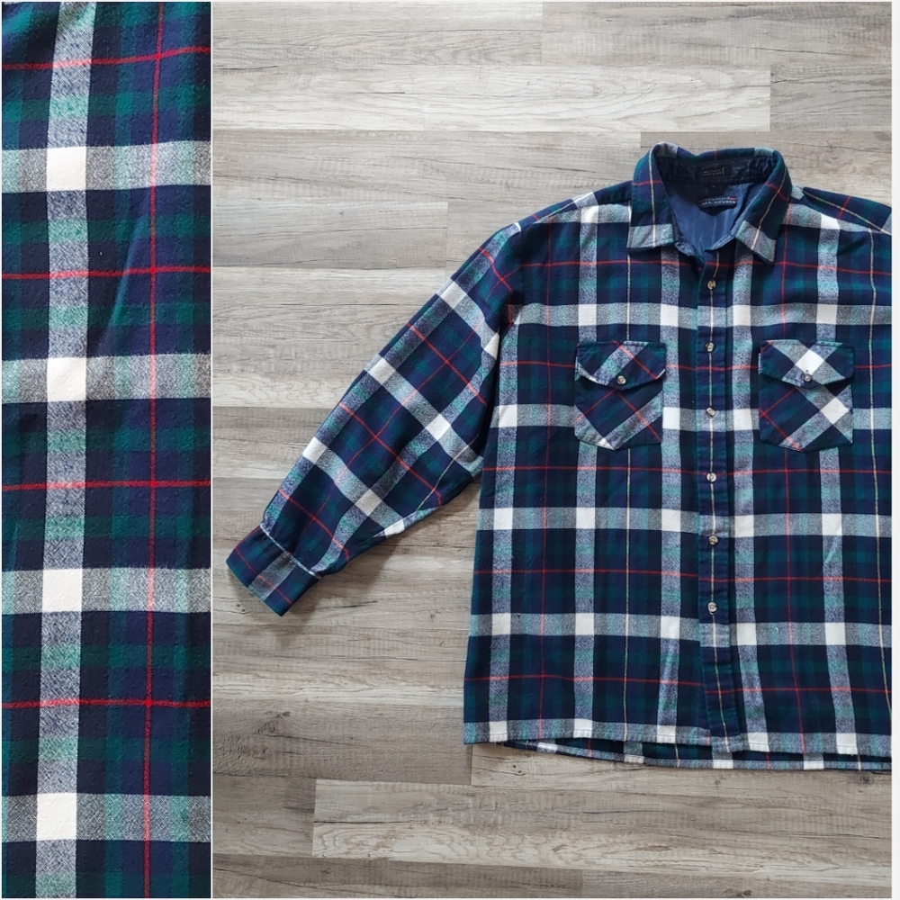 Red Blue Green Plaid Flannel Button Up Shirt XL Van Heusen